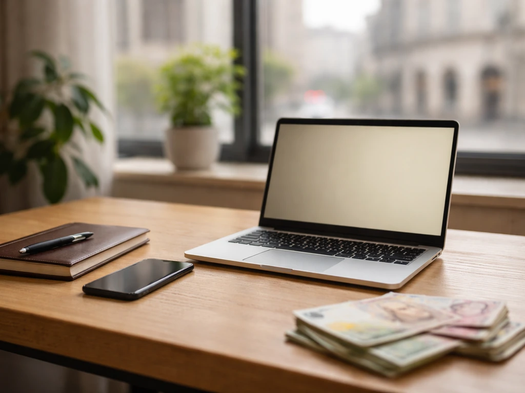 Minimal office desk with laptop, phone, and mixed currency bills, symbolizing investment and business verification.