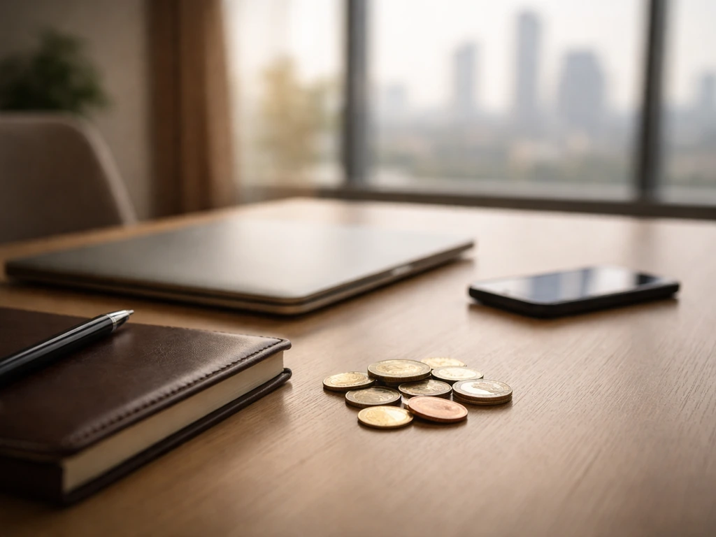 Minimal office scene with a laptop and currency symbols suggesting business and unverified net worth