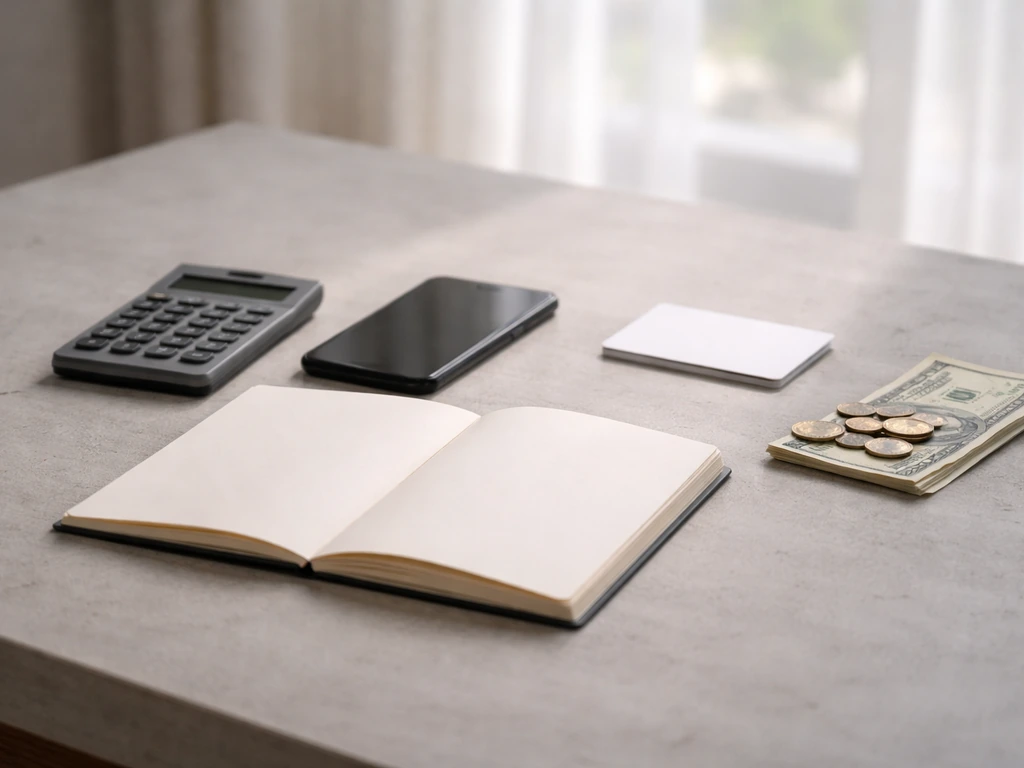 Minimal photo of a desk setup with a notebook, calculator, and cash-like items symbolizing a bottom-up net worth build