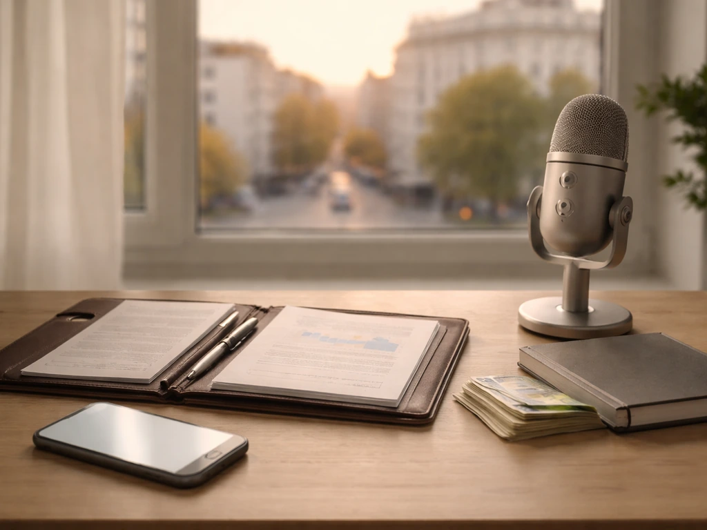 Minimal desk scene with microphone, documents, and banknotes symbolizing multiple income sources