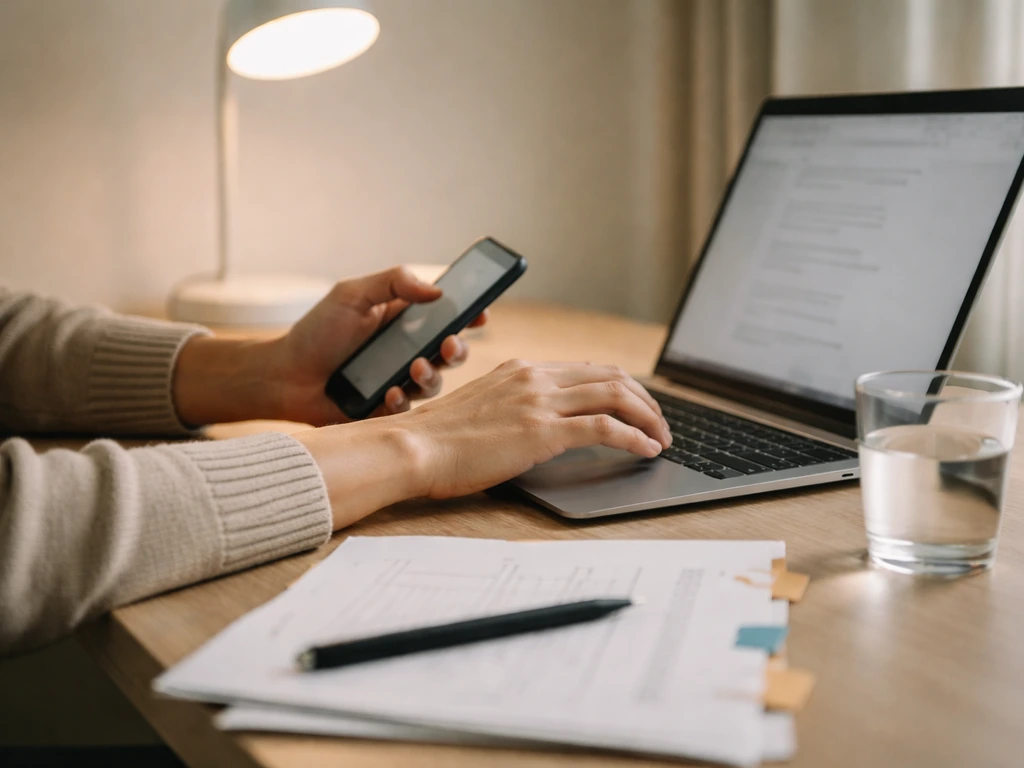 Person at a desk comparing financial documents on a laptop next to a phone, showing due diligence.