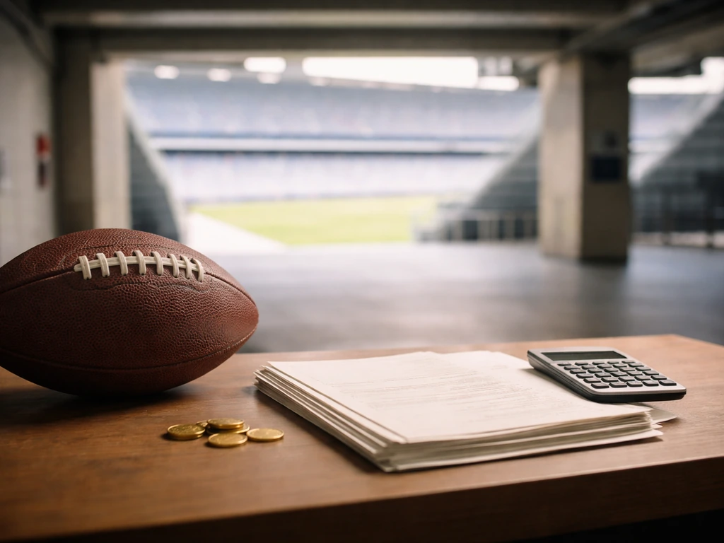 Football on a desk with blank finance documents and coins in a softly blurred stadium background.