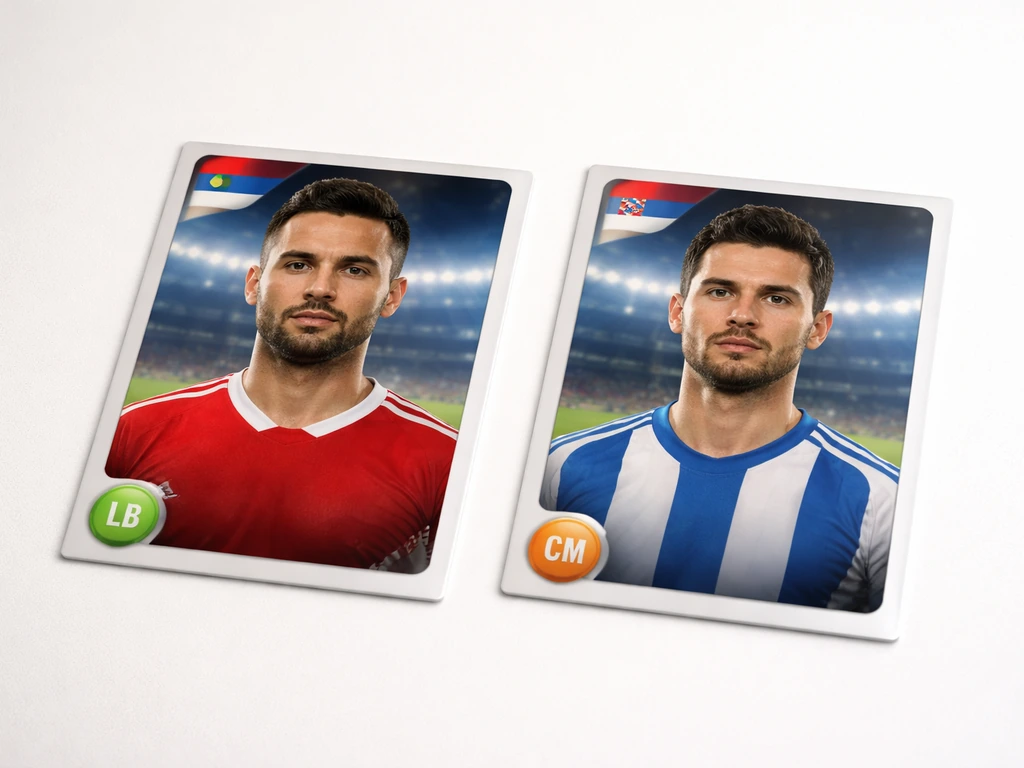 Two football player card mockups side-by-side with different positions and birthdates, blurred text-less look