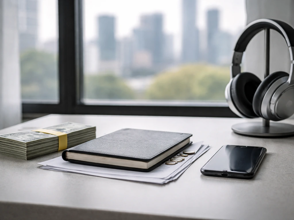 Minimal office desk scene with money and media elements representing net worth categories