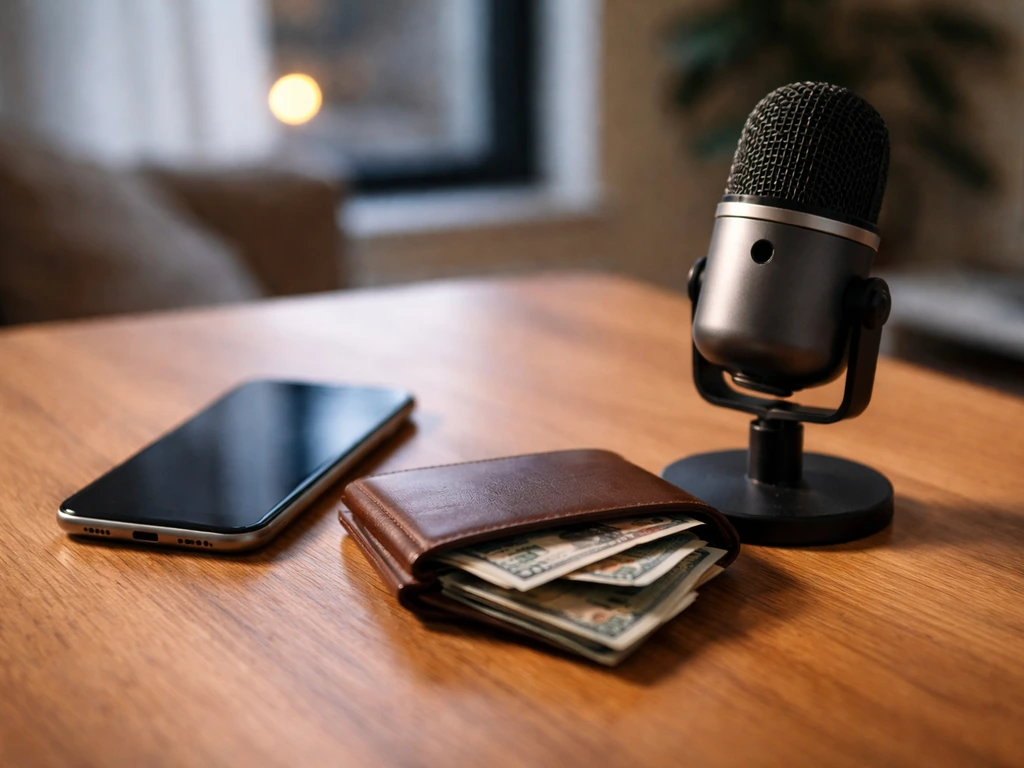 Minimal desk scene with smartphone, wallet, and microphone for estimating a public figure’s net worth