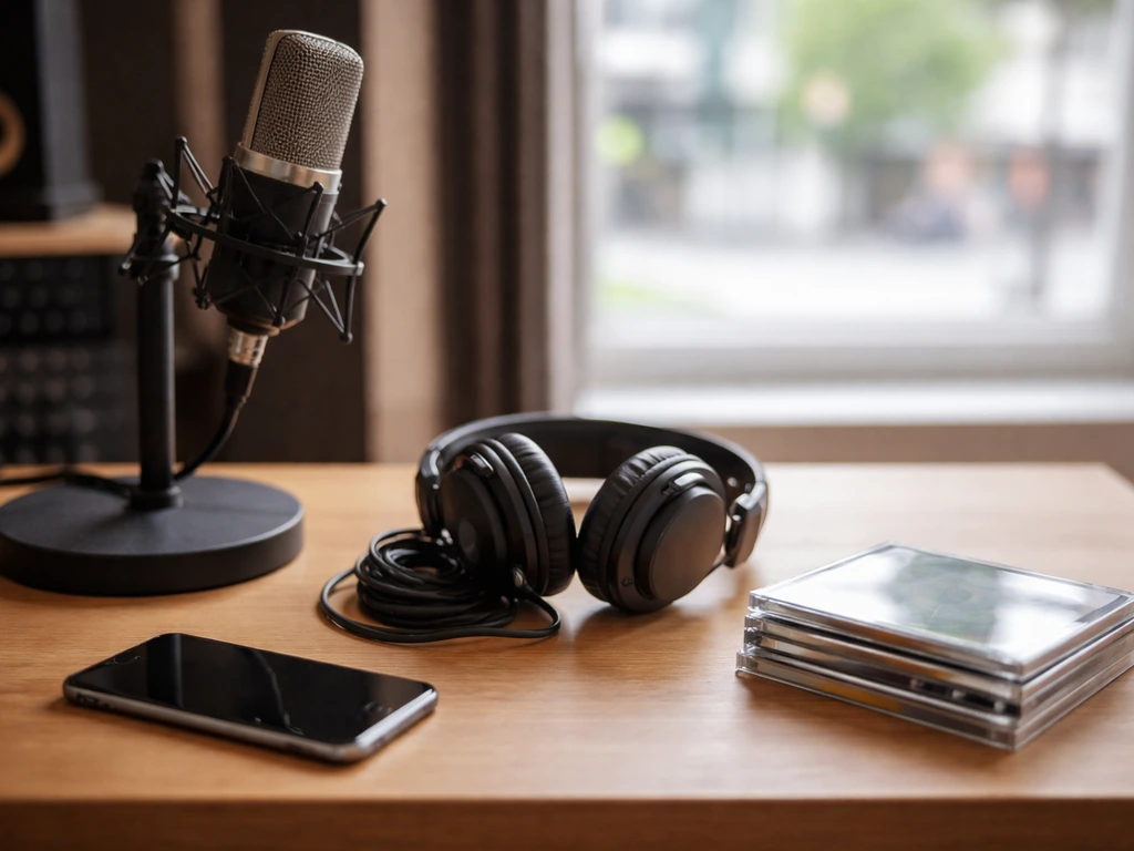 Minimal recording-studio desk with microphone, headphones, and smartphone suggesting media research without showing any
