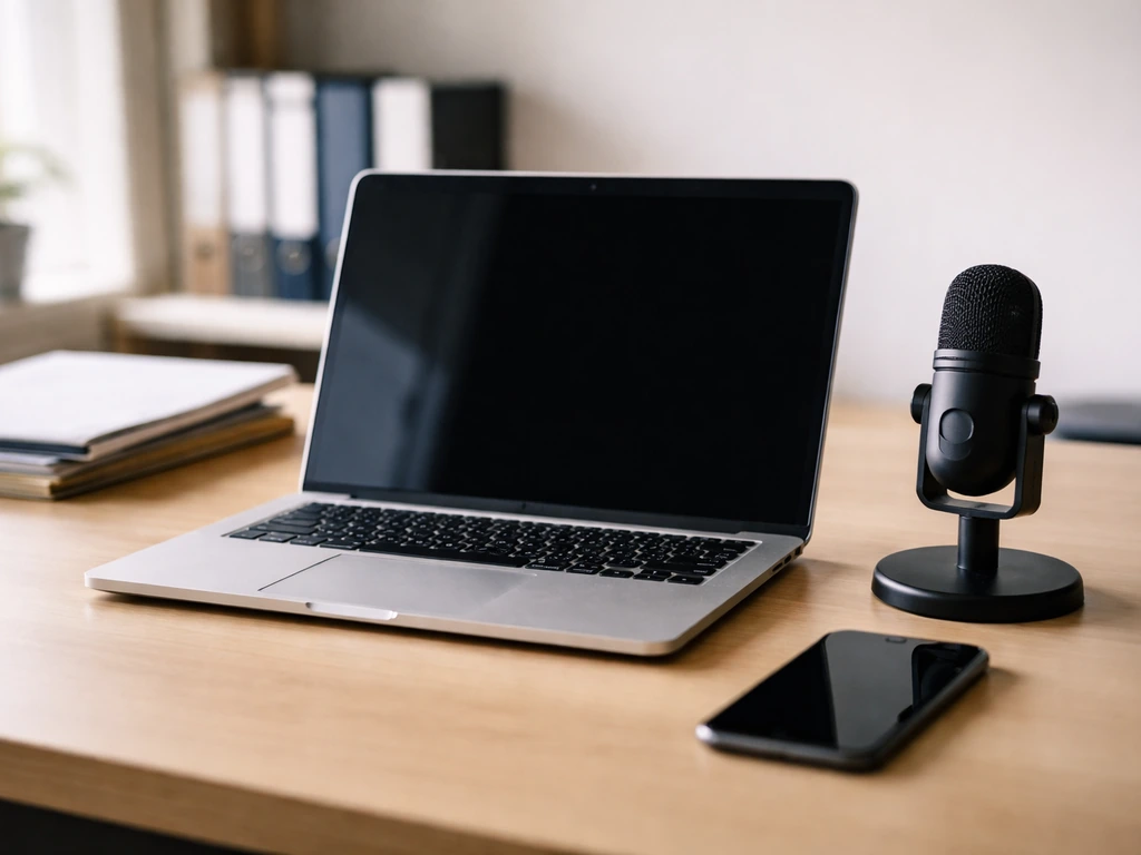 Minimal desk scene with laptop and smartphone beside a microphone, symbolizing building verified estimates