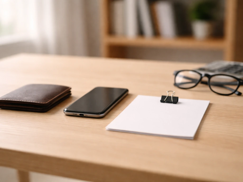 Minimal desk scene with calculator, paper, wallet, phone, and glasses symbolizing a verification checklist