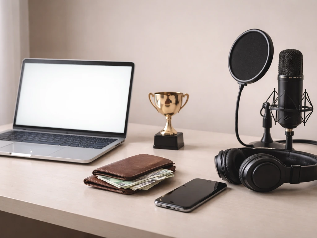 Minimal desk scene with laptop, trophy, cash, smartphone, and microphone symbolizing athlete income sources.