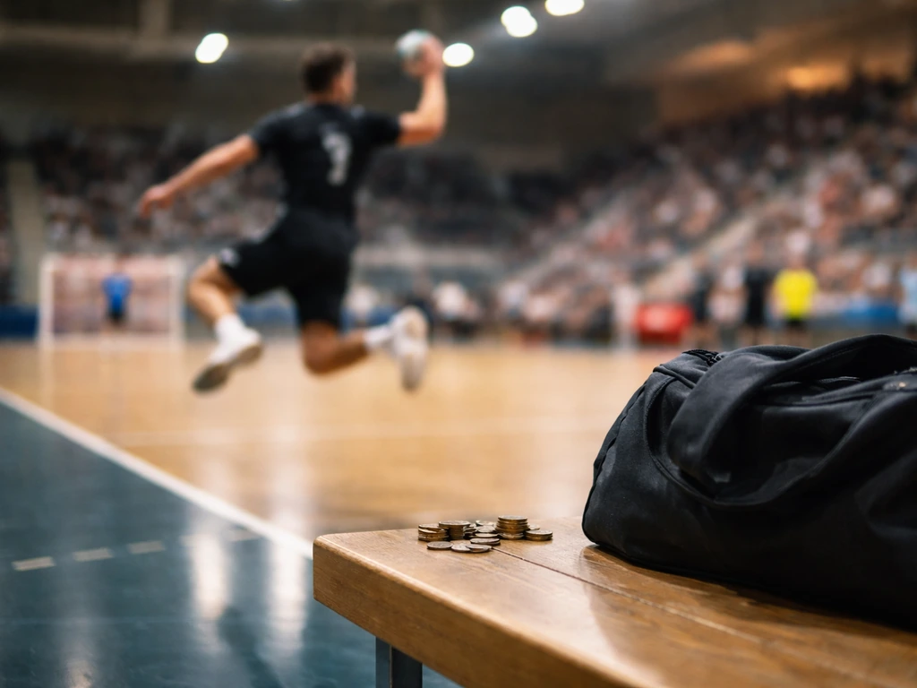 Generic handball match action with a ball mid-shot and small coins on a sideline bench