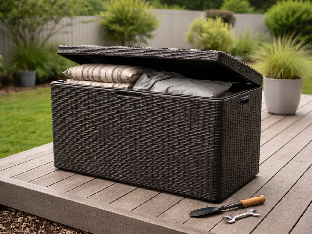 Weatherproof patio storage box on an outdoor deck with cushions and a cover partially visible.
