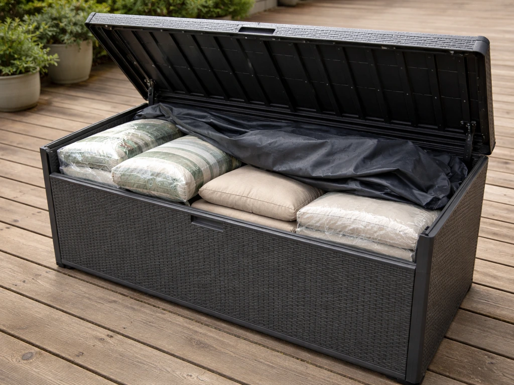 Open outdoor deck box with seat cushions, throw pillows, and an outdoor cover protecting items from weather.