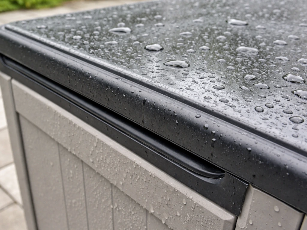 Close-up of a deck box lid gasket and water-shedding surfaces with raindrops beading on top.