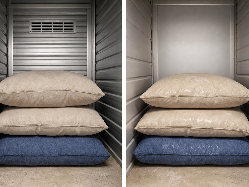 Split interior view showing vented dry cushions versus sealed area with slightly damp cushions.