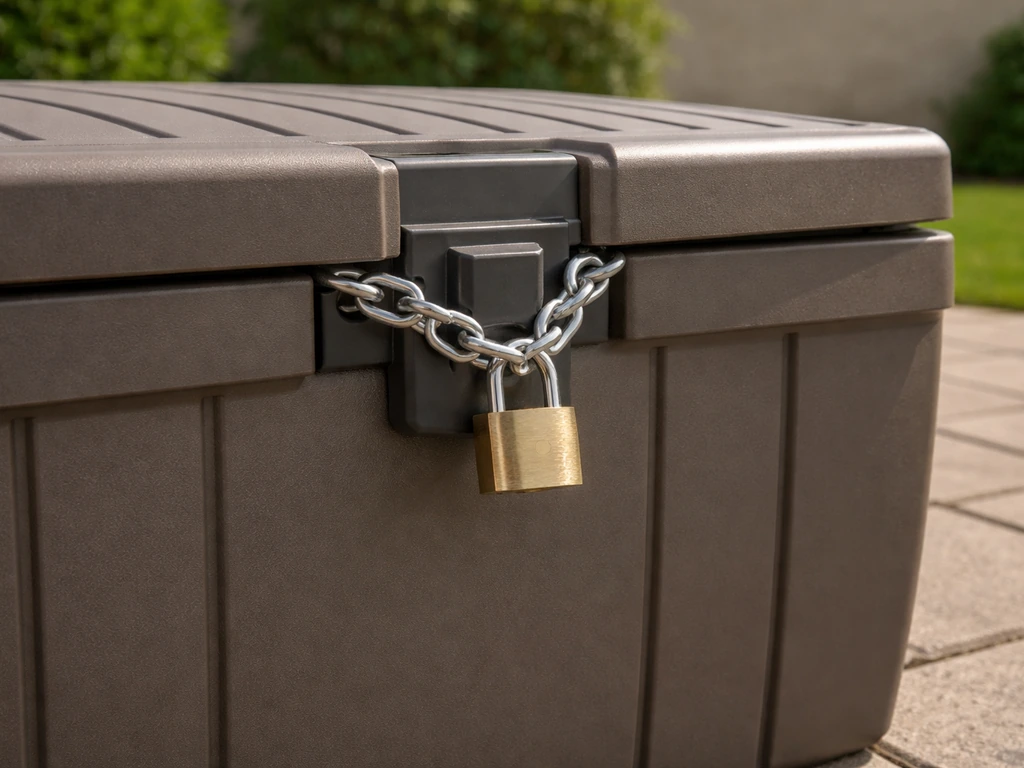 Padlock-compatible latch and chain on a patio storage box showing lockability and security deterrence.