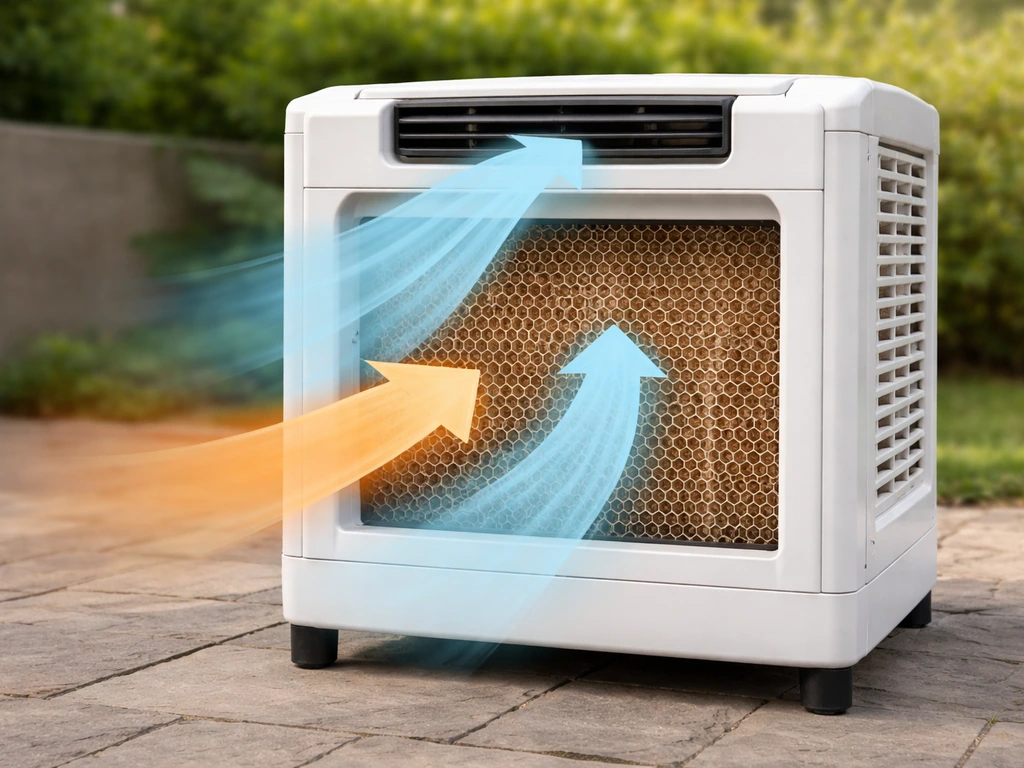 Patio evaporative cooler with water-soaked pad, arrows showing warm air pulled in and cooled air blown out.