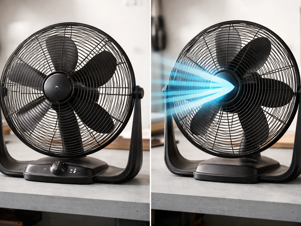Side-by-side photo of a multi-speed fan setup showing airflow direction and a fan speed control dial