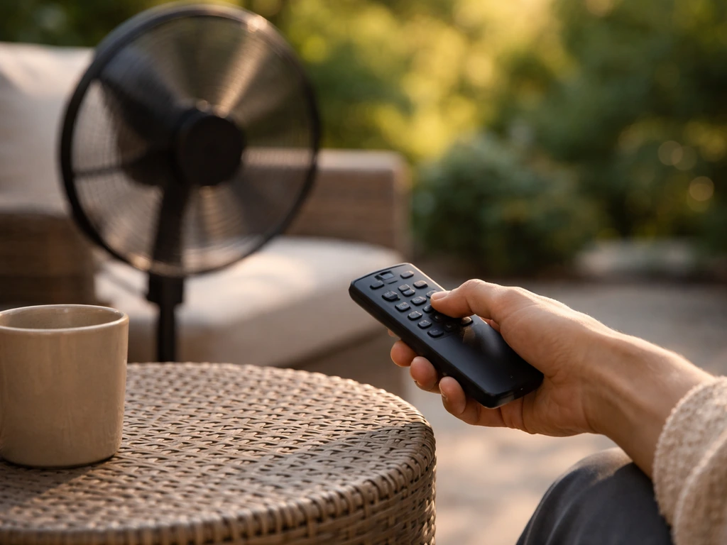Hand using a black remote at an outdoor patio to adjust a fan’s settings.