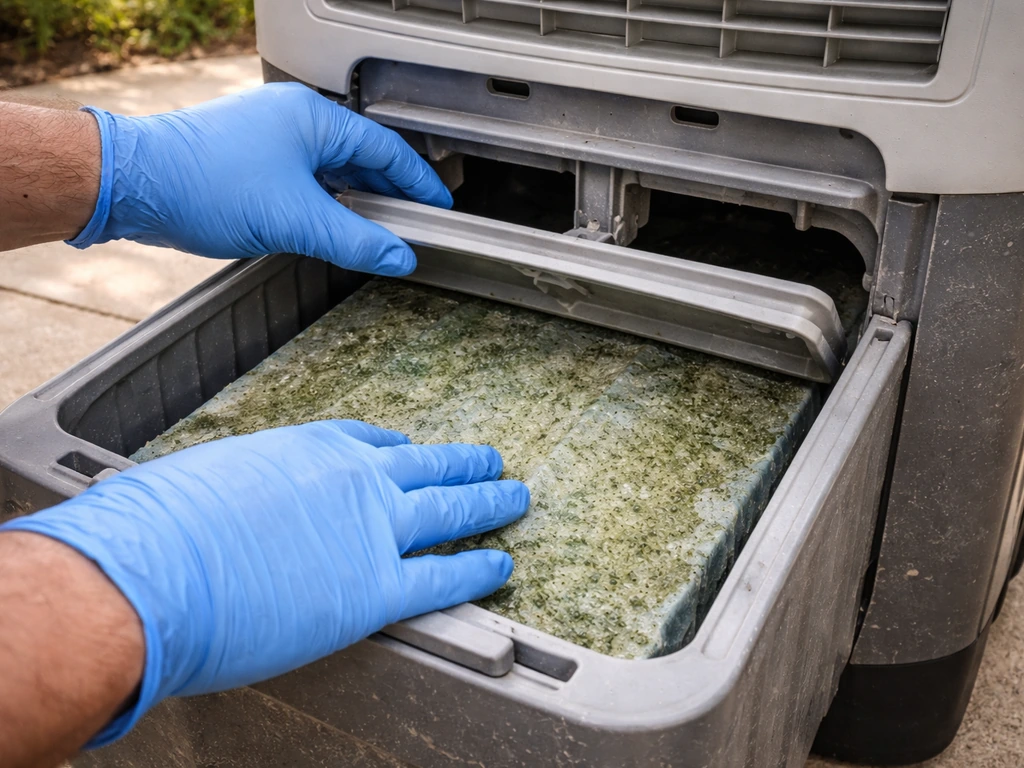 Gloved hands open a patio cooler reservoir access and inspect filter pads for algae and mineral scale.