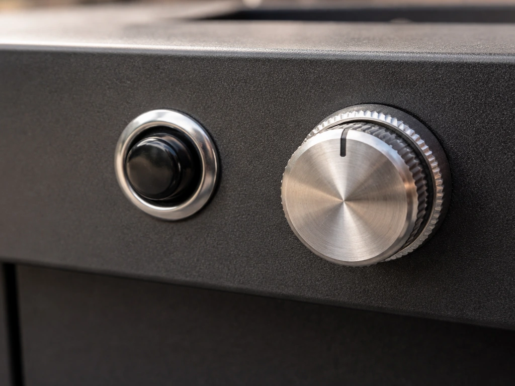 Close-up of a gas fire table control with push-button spark ignition and a gas valve knob