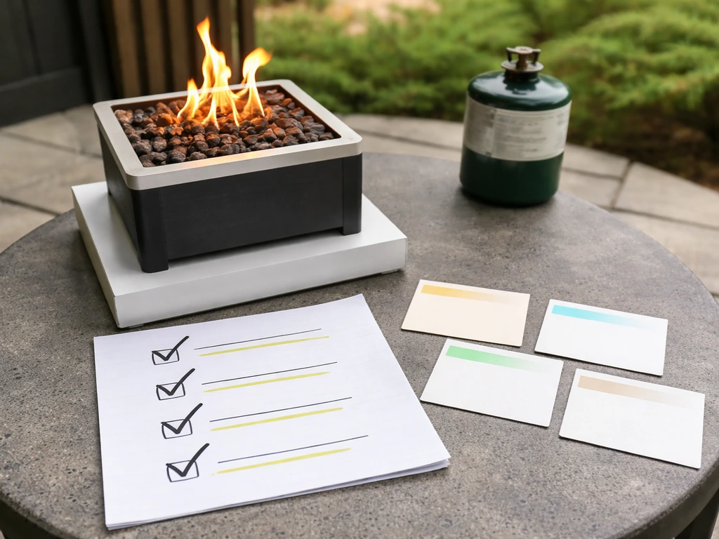 Printed checklist cards beside a fire pit model setup on a patio table with a propane fuel can nearby.