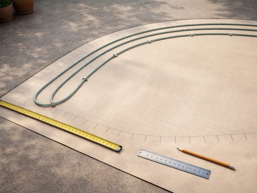 Overhead view of a covered patio perimeter with tape measure and evenly spaced tubing marks for coverage planning.