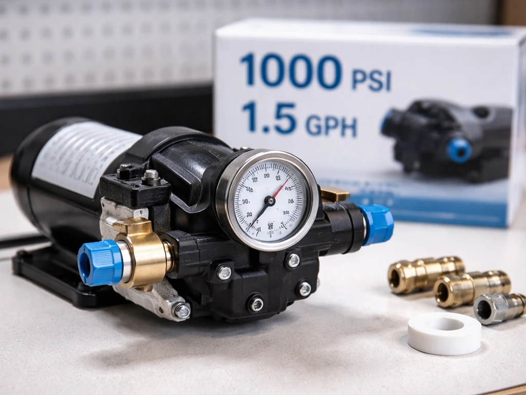 Close-up of a misting system pump assembly with regulator, pressure gauge, and packaging showing PSI and GPH