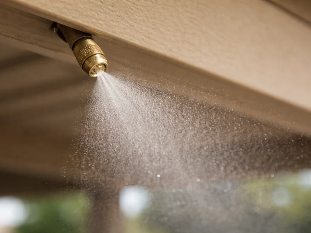 Macro close-up of a patio nozzle mist spray showing droplets and finer fog fading away