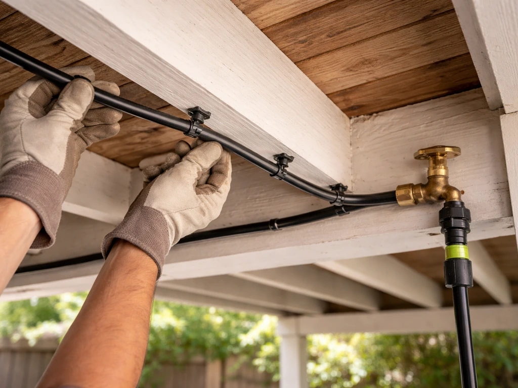 DIY patio water line installation with flexible tubing and nozzle tees along a beam to a garden spigot