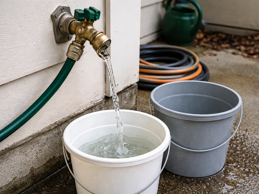 Outdoor hose bib and drain valve with a low nozzle opened, water draining into staged containers.