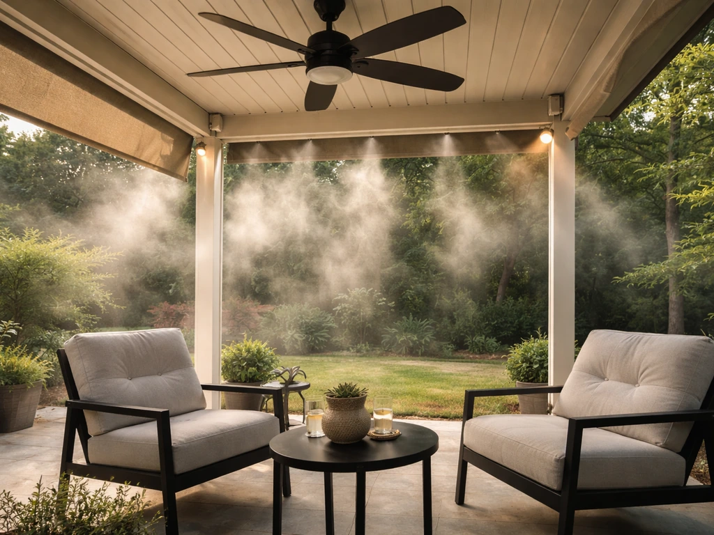 Covered outdoor patio with a ceiling fan and visible misting/shade cooling elements on a warm evening