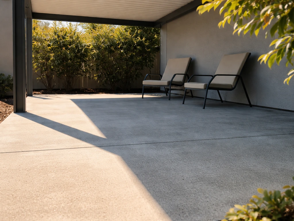 Residential patio with a shade cover creating a sharp sunlit versus shaded contrast on the concrete.