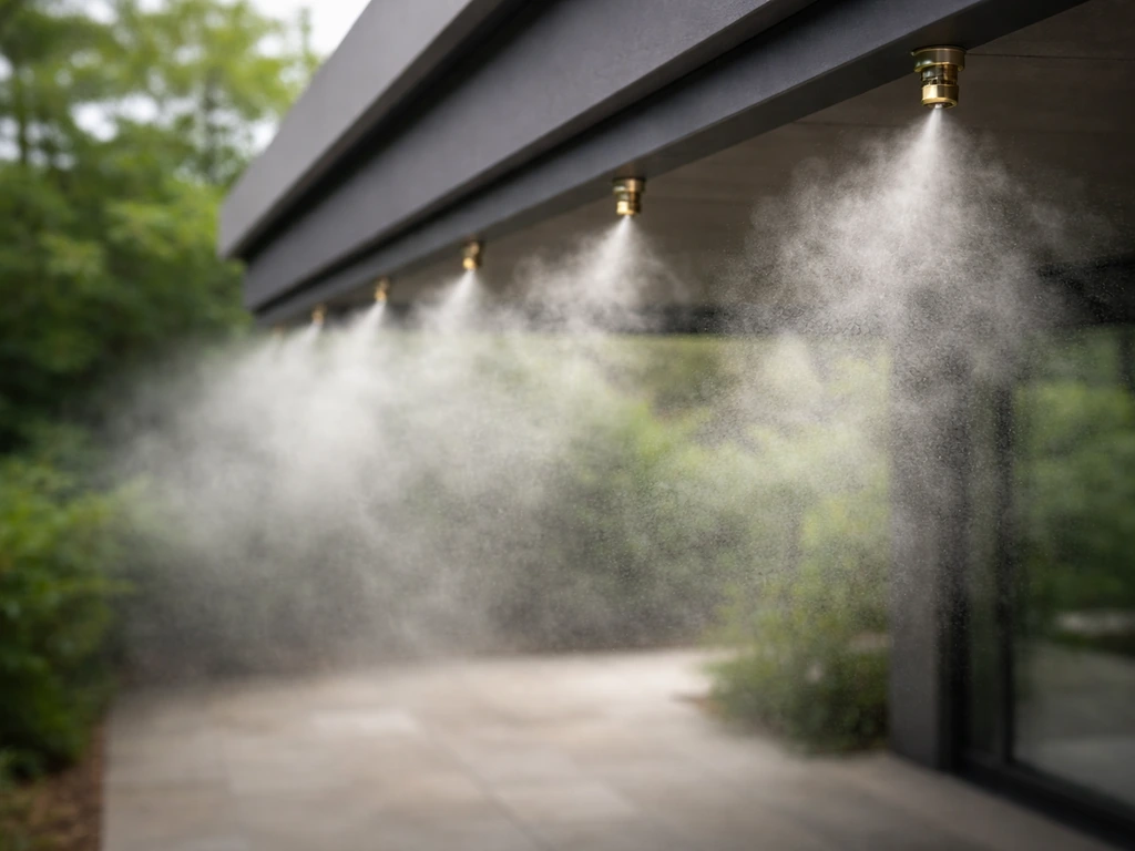 Fine water mist fog from ceiling-mounted nozzles along an outdoor patio perimeter