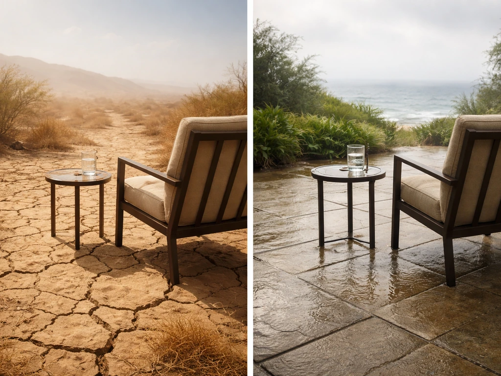 Two-panel view of a dry desert patio heat haze versus a muggy coastal patio with wet air