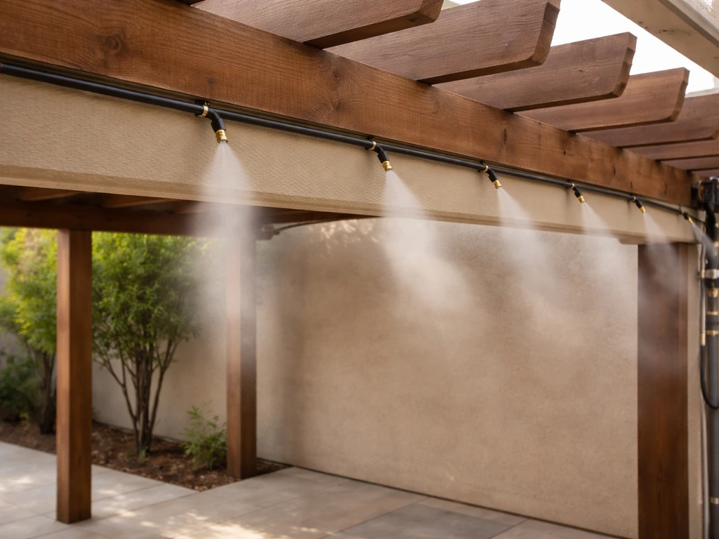 Close view of misting nozzles and hoses routed along a patio perimeter under a pergola