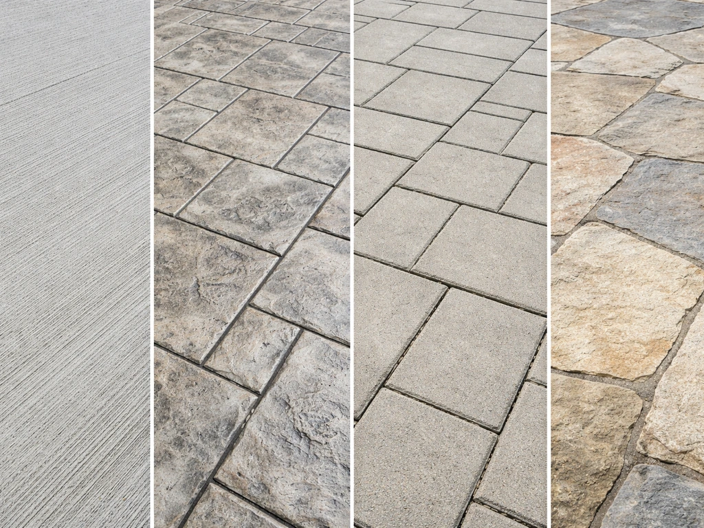 Split closeups of patio surface textures: broom-finished concrete, stamped concrete, pavers, and natural stone.