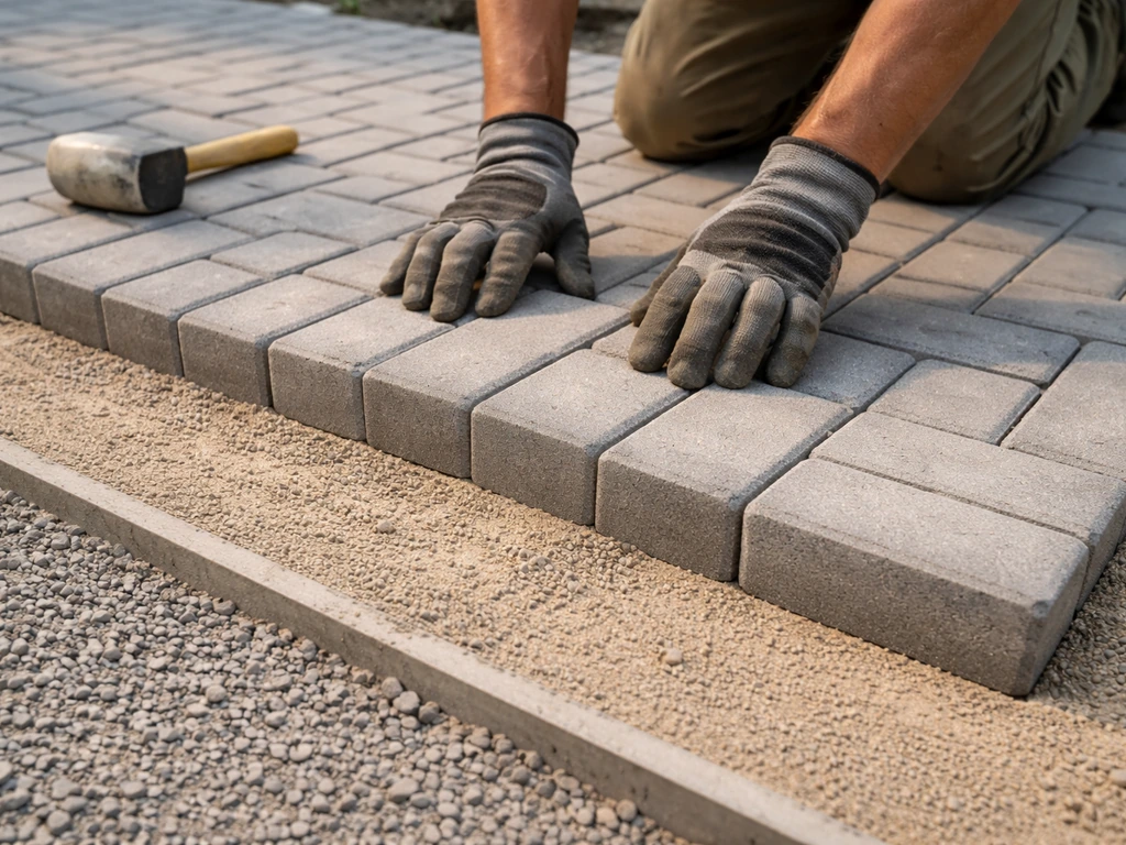 Concrete pavers being installed in a neat herring/stack bond pattern on a prepared gravel base