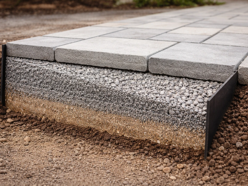 Minimal cross-section style view of patio base with compacted gravel, slope away, and metal edging