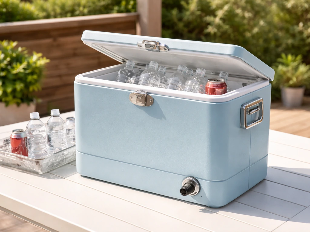 Sunlit patio scene with a patio cooler and condensation-covered cold drinks, suggesting leak-free outdoor cooling.