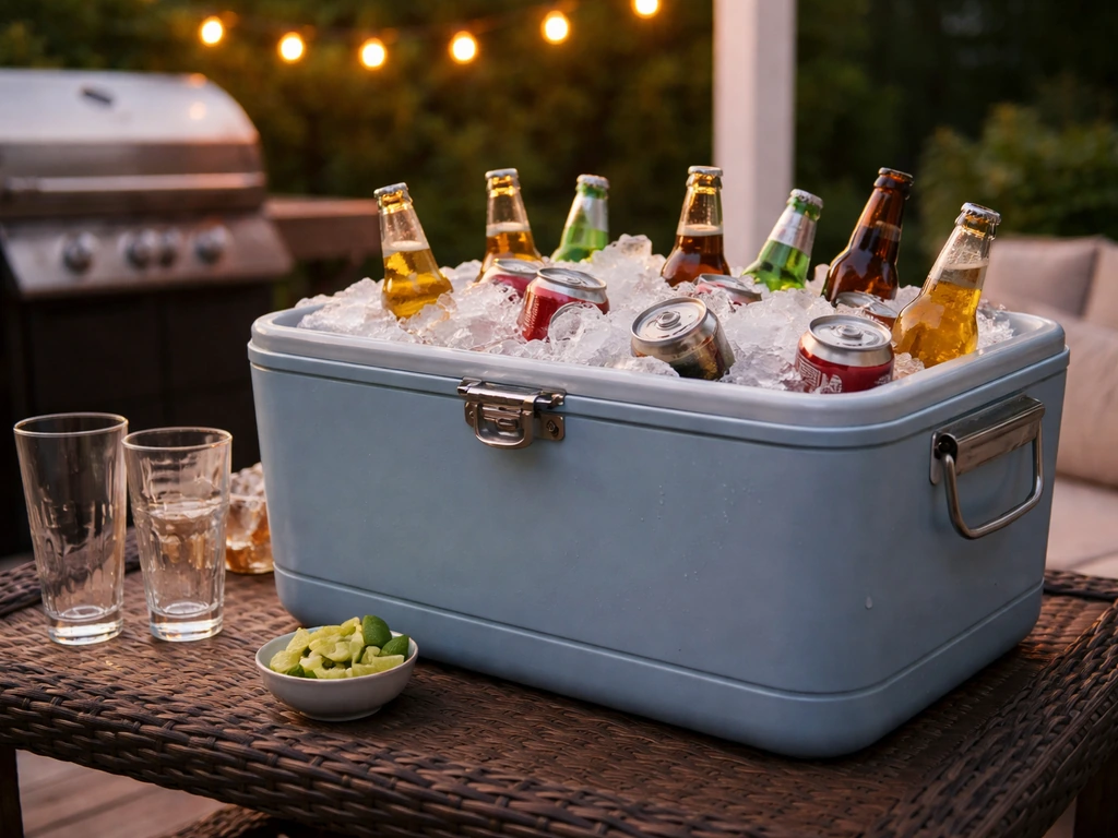 Condensation-filled patio cooler on a backyard table, ready with cold drinks for an outdoor gathering.