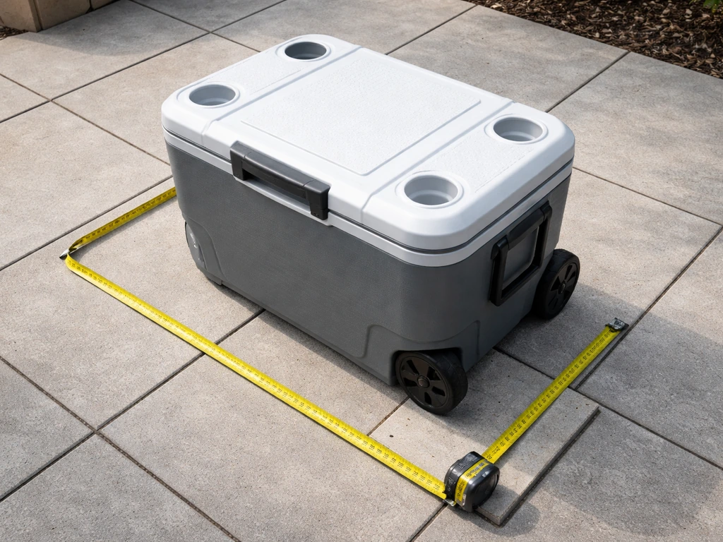 Overhead patio photo showing a rolling cooler with a tape measure used to compare its footprint.
