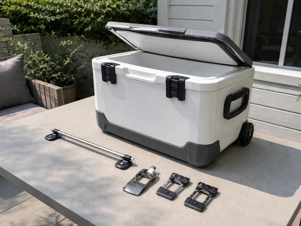 Accessories like a towel bar, bottle opener/cap catcher, and locking parts laid out beside an open rolling cooler on a p