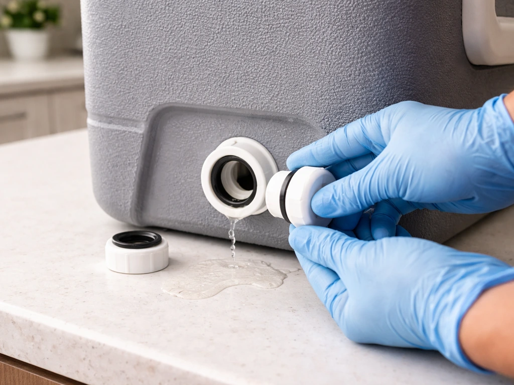 Close-up of a cooler drain cap and rubber gasket being reseated to stop leaking meltwater.