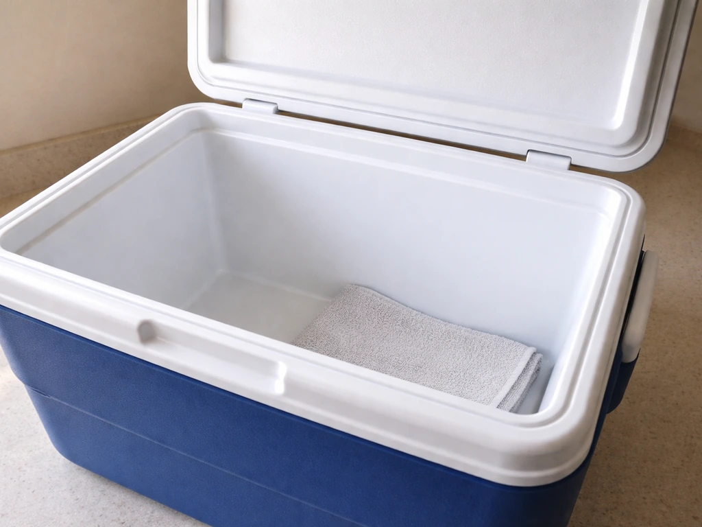 Cooler with lid open, interior wiped dry and draining, ready for seasonal storage without standing water.