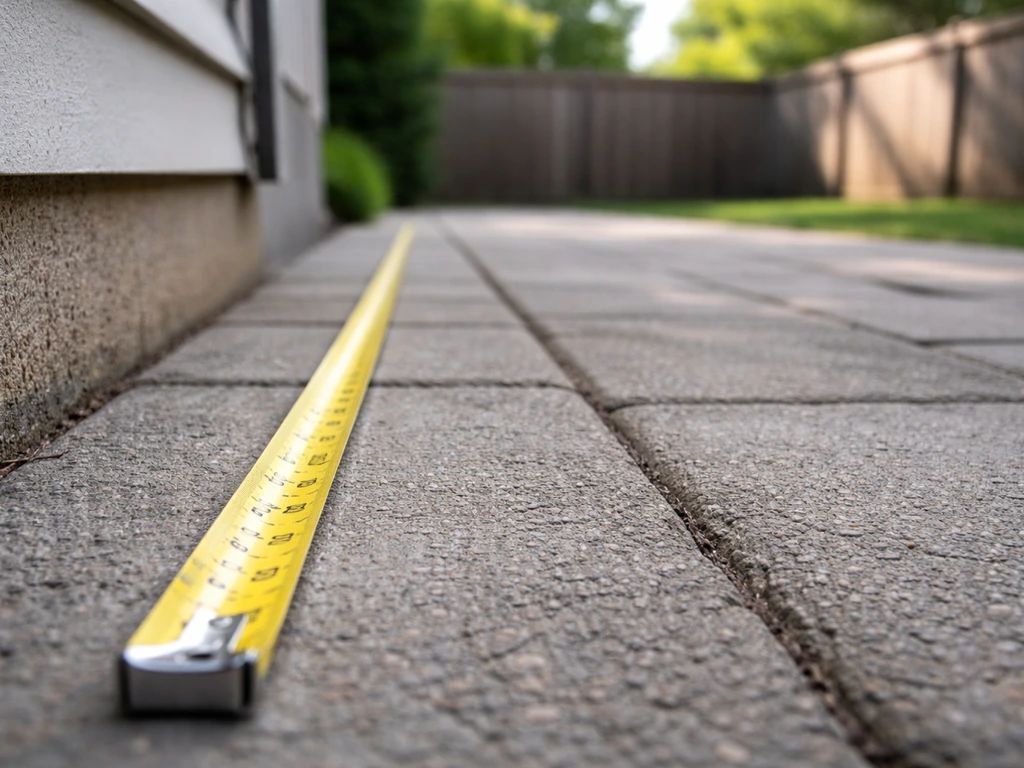 Close-up of a tape measure measuring patio space from a house toward a fence line
