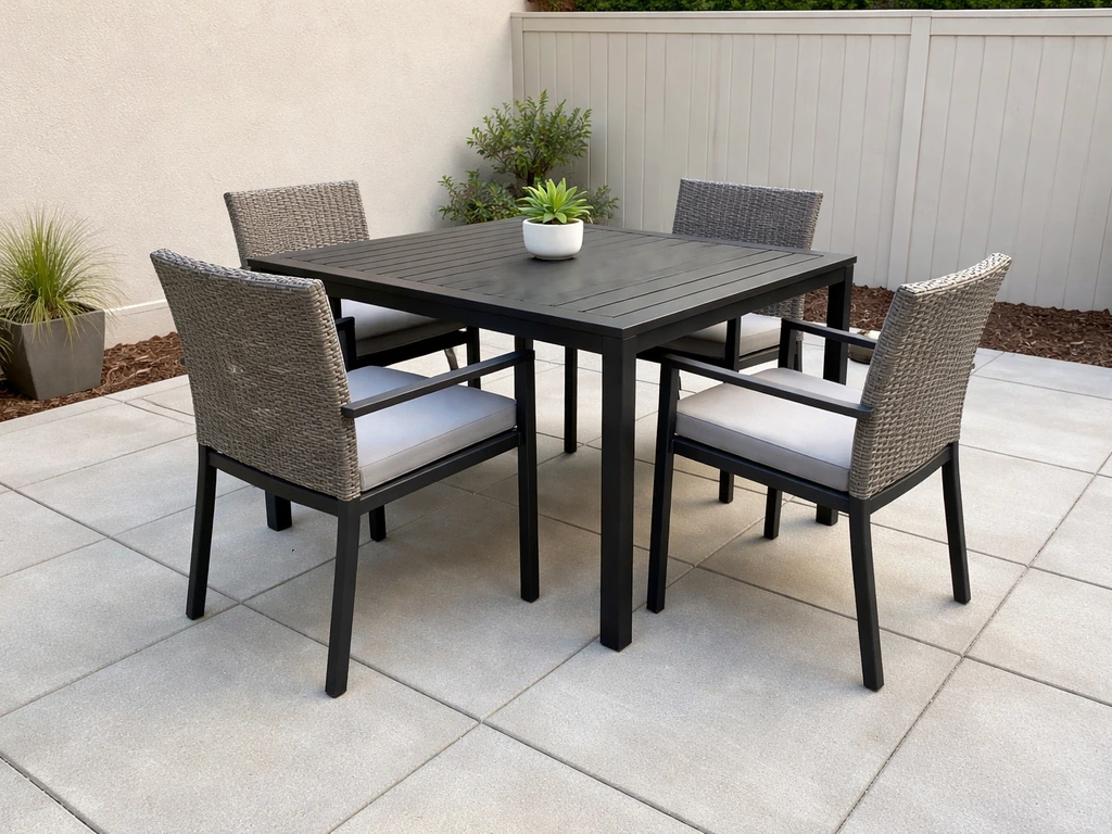 Outdoor dining table for four with chairs pulled out to show comfortable walking space behind.
