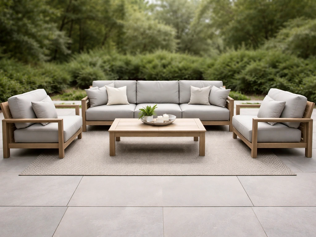 Outdoor sectional with coffee table, spaced for comfortable circulation on a patio.