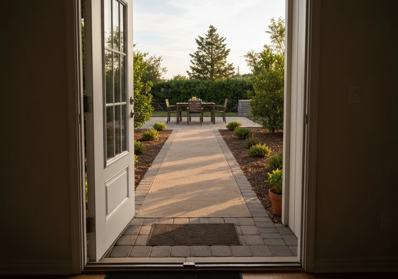 Unobstructed path from an exterior door across a patio toward a dining area with seating