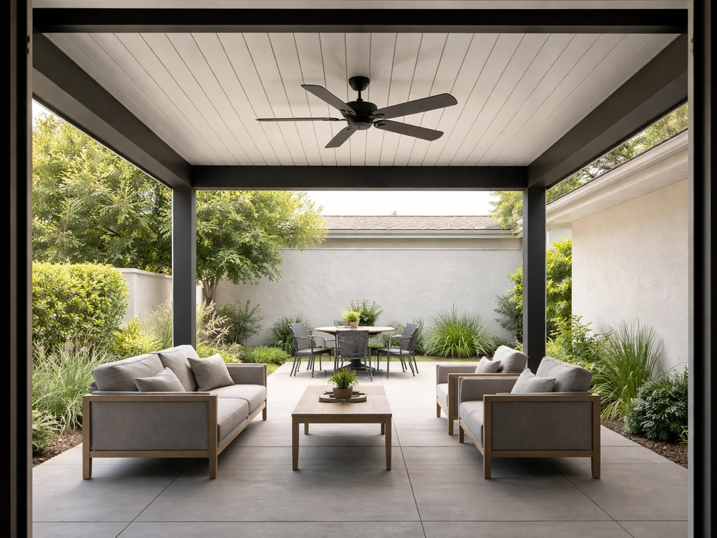 Covered patio pergola over outdoor seating with ceiling fan clearance shown by perspective.