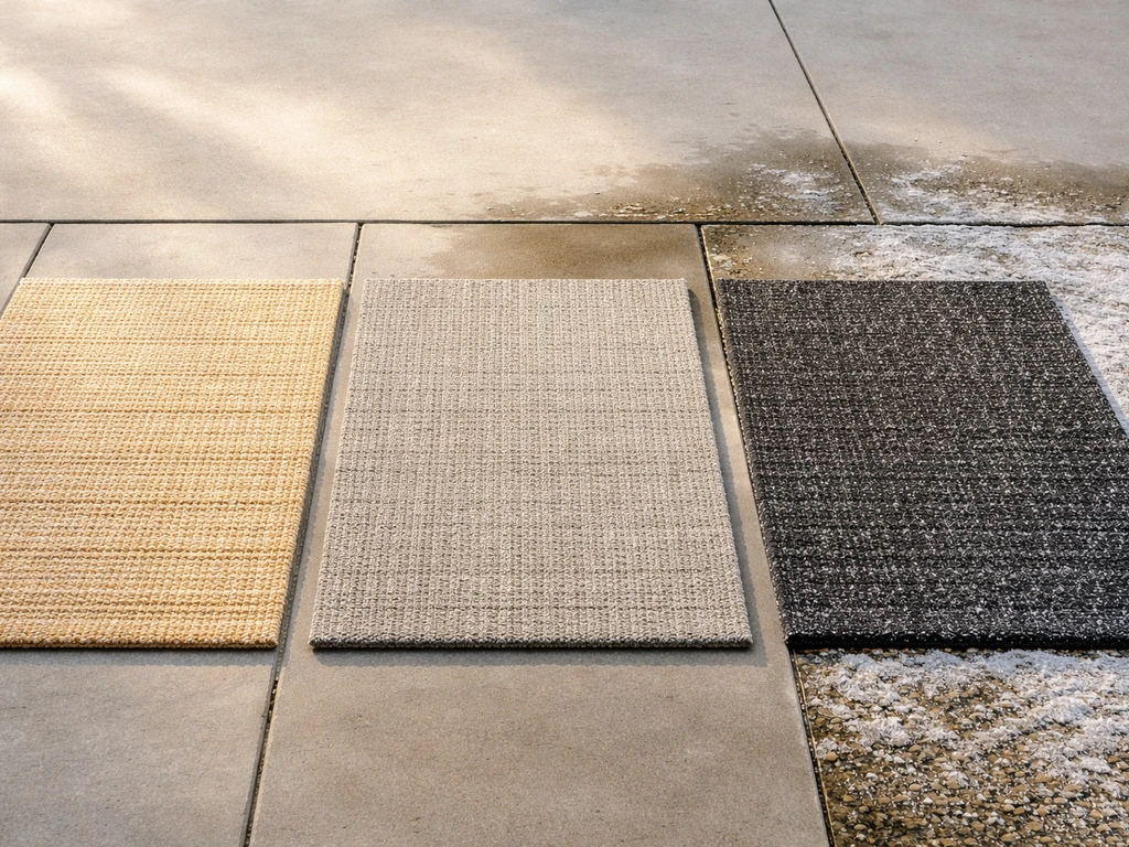 Three outdoor rug samples side by side showing sun, rain, and light frost conditions on a patio.